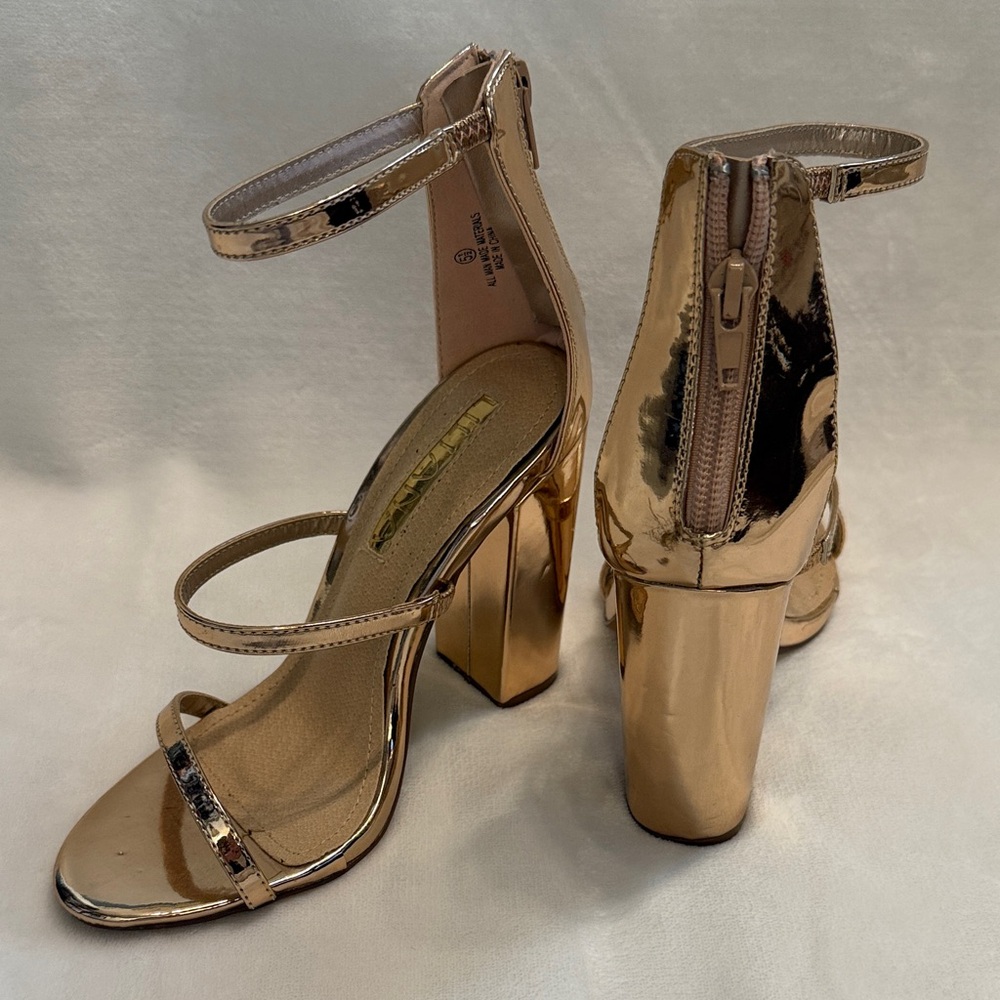 Metallic Rose Gold High Block Heel Sandals with Ankle Strap